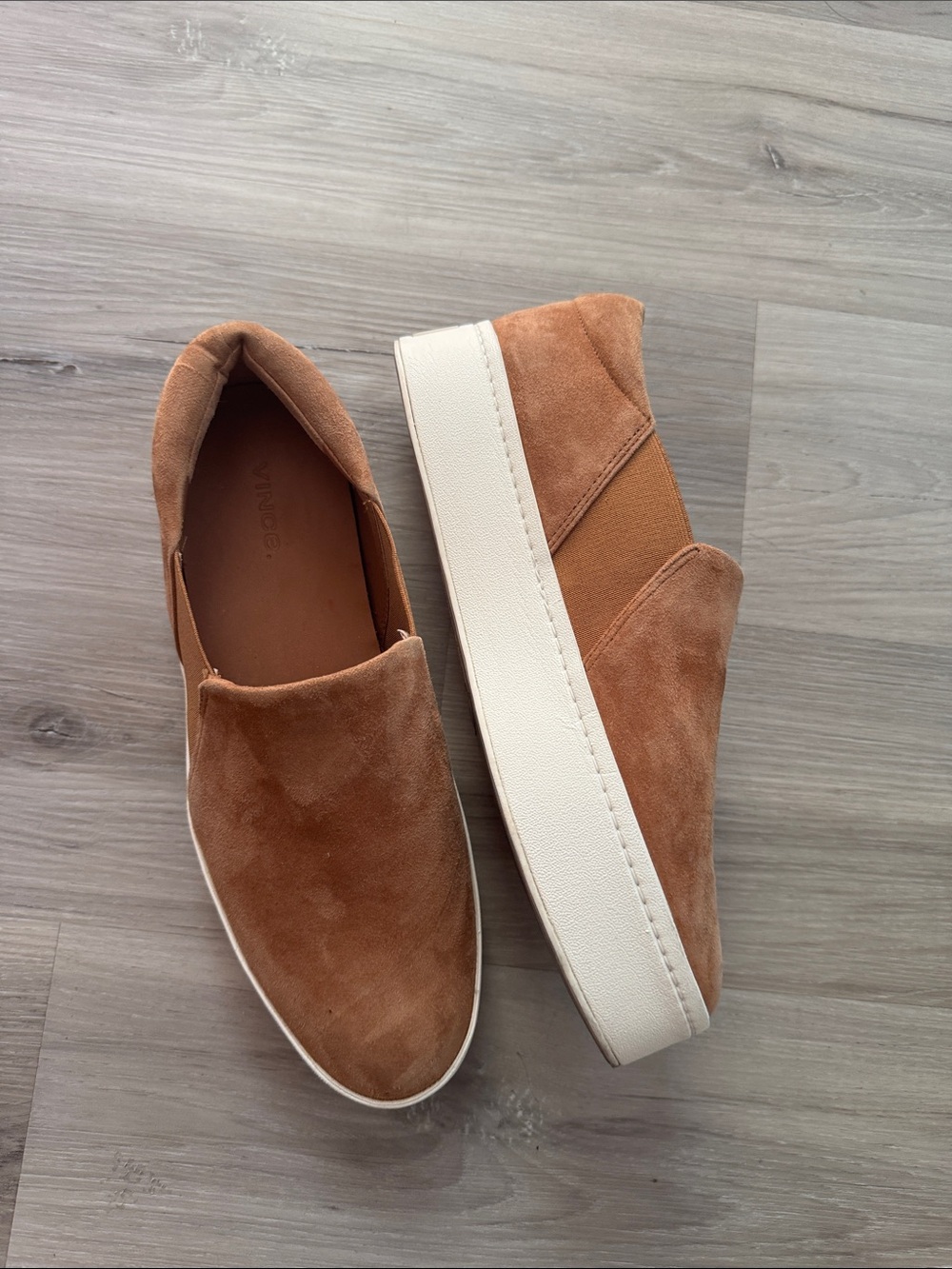 Vince Suede Slip-On Loafers in Cognac with White Sole